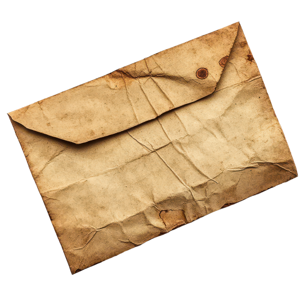 Antique paper envelope on a transparent background showcasing vintage texture and unique creases, Antique Paper Envelope, transparent background. png