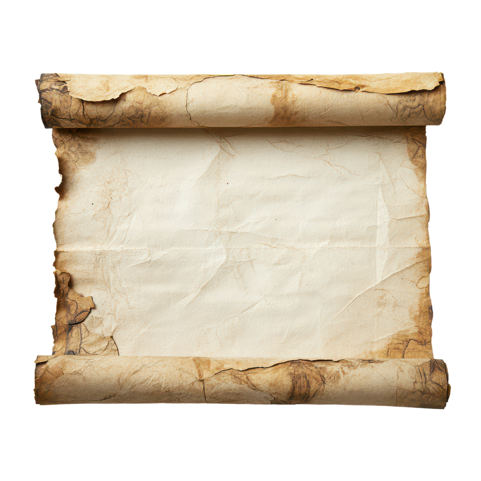 Worn and aged paper scroll with frayed edges on a plain transparent background suitable for historical or artistic purposes, Aged Worn Paper Scroll, transparent background. png