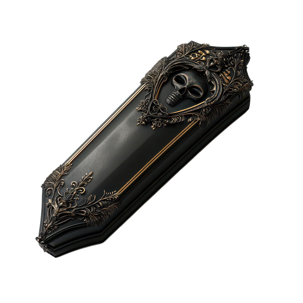 Elegant black magic coffin design showcasing intricate details with skull motif in a minimalist style, black magic coffin, file of isolated object with shadow on transparent background png