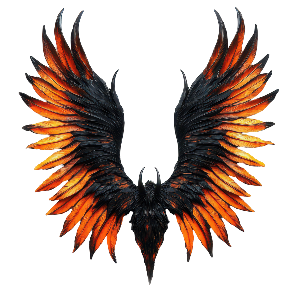 Black and orange demon wings displayed against a stark transparent background for artistic and creative inspiration, Black and Orange Demon Wings Isolated on transparent background png