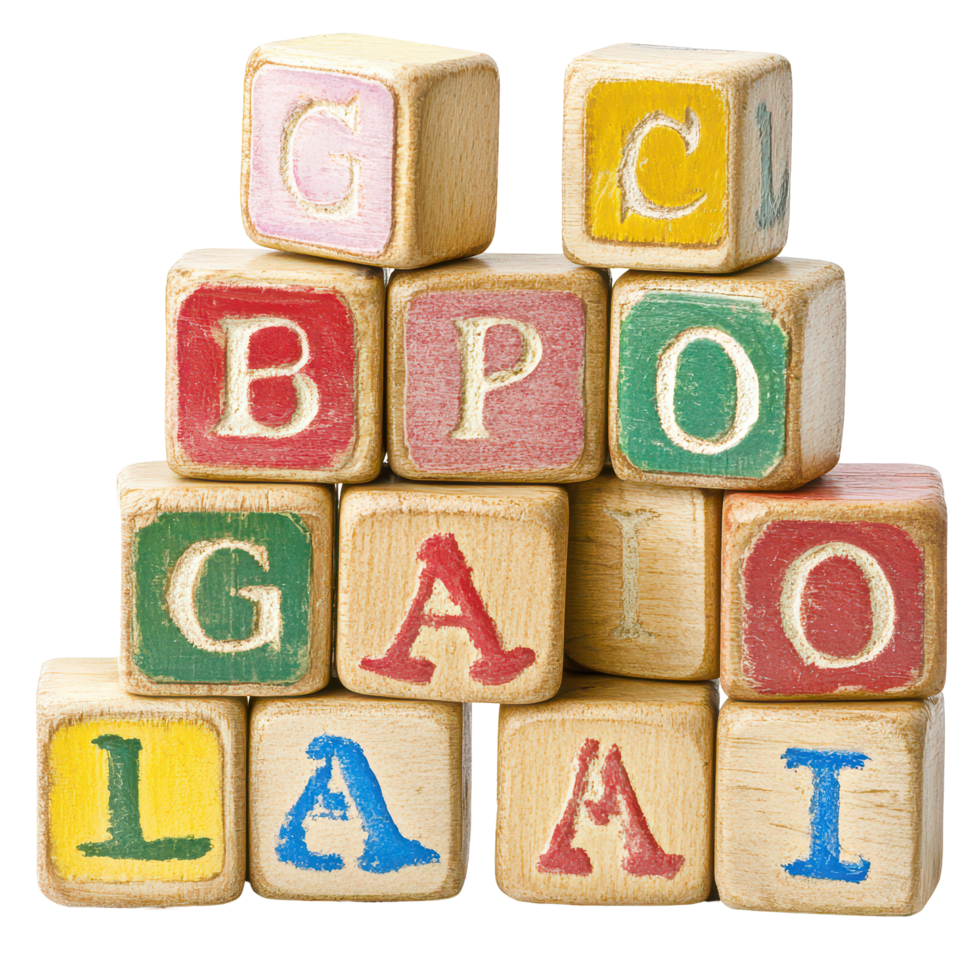 Colorful wooden alphabet blocks stacked creatively for educational play and learning activities indoors, ABC Blocks Isolated png