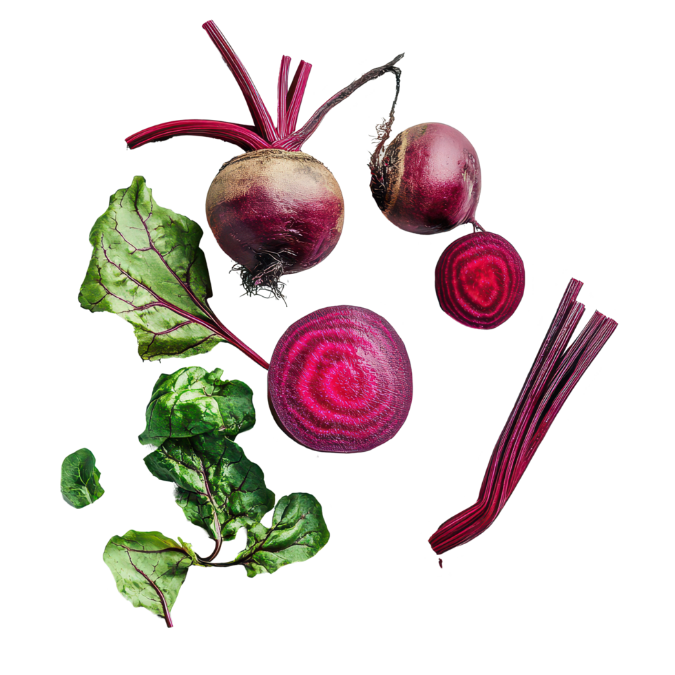 Fresh beetroot and greens displayed on a transparent background showcasing vibrant colors and organic textures, beetroot vegetables and half on transparent background png