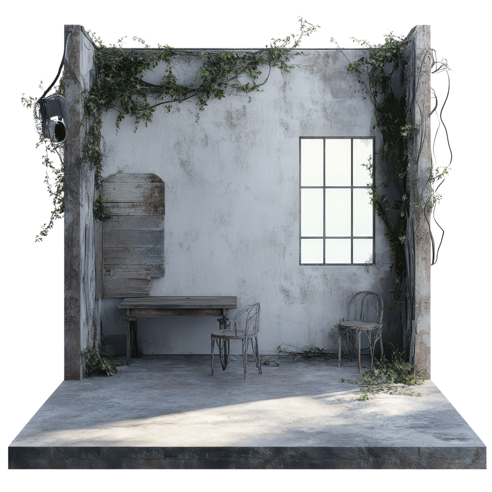 An abandoned room with a rustic table and chairs, merged with nature through vines and overgrowth, A showcase written, transparent background. png