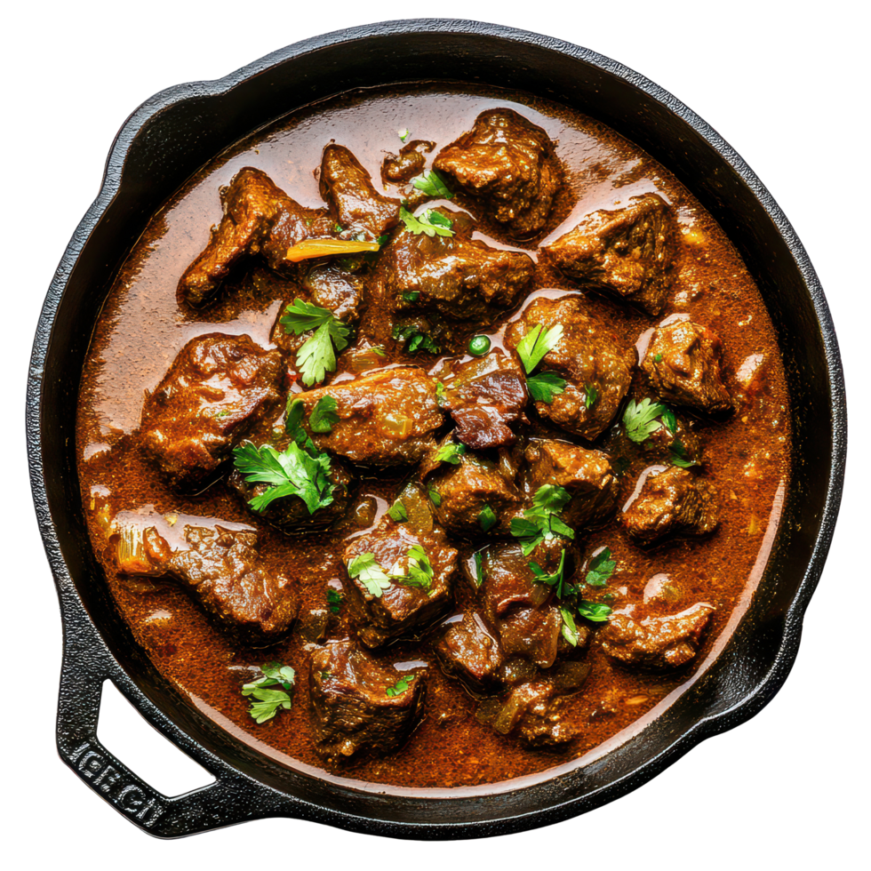 Delicious beef curry served in a cast iron pot with fresh herbs against a transparent background, Beef Curry in a Cast Iron Pot, transparent background. png