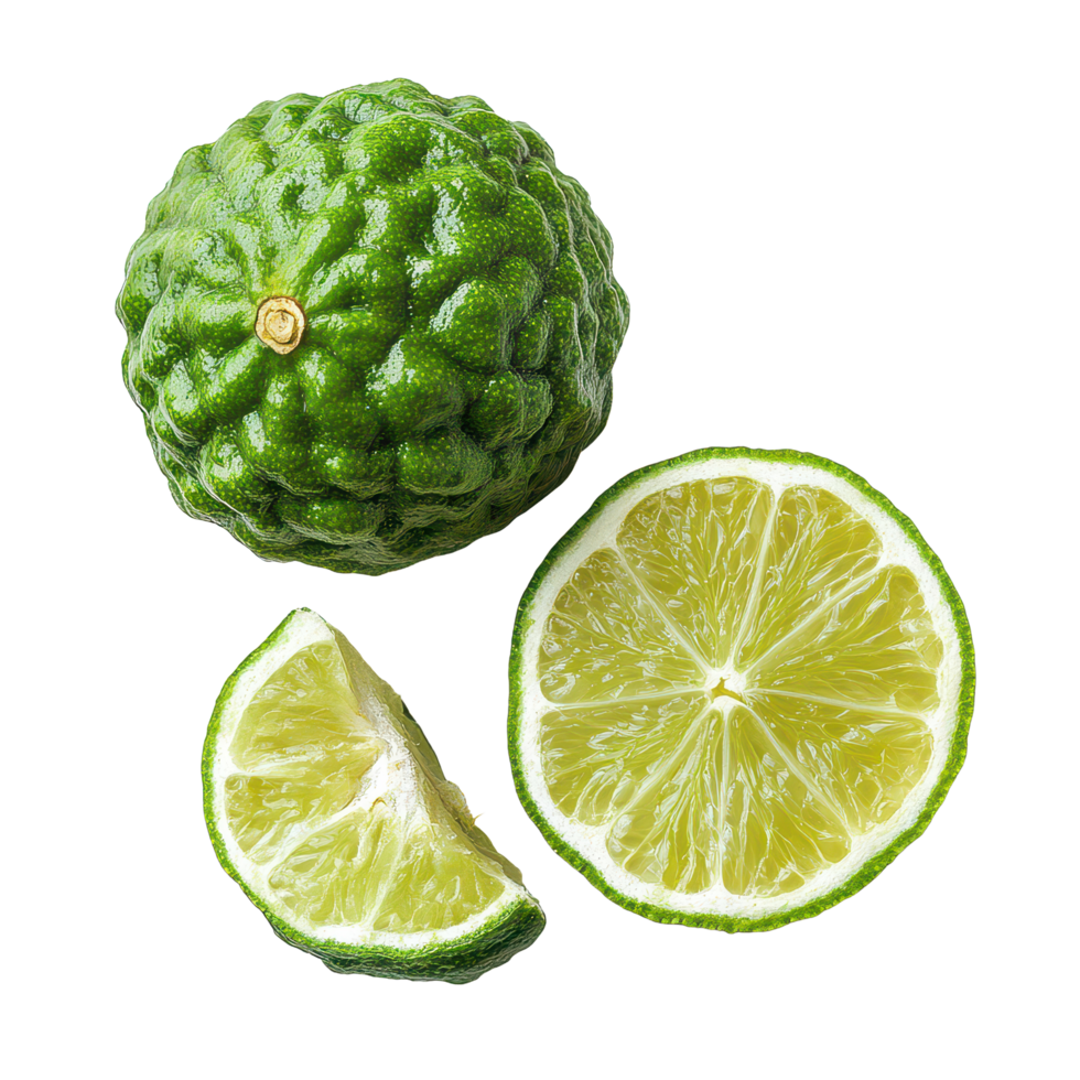 Fresh bergamot and sliced Thai lime arranged beautifully on a clean transparent background, bergamot or Thai lime on transparent background png