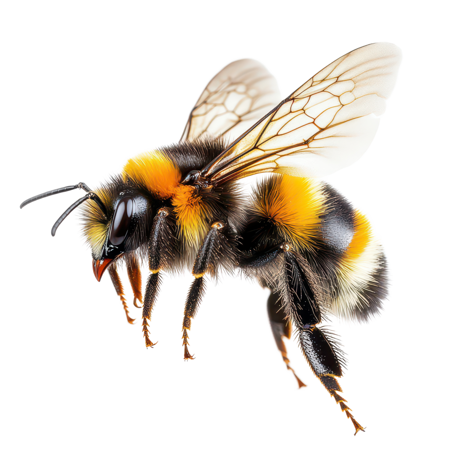 Stunning macro shot of a bumblebee in flight against a transparent background showcasing intricate details, a stunning bumblebee is flying, macro shotisolated transparent background png