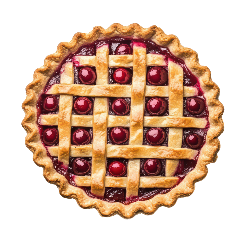 Delicious homemade cherry pie with a golden crust seen from above on a transparent background, Aerial view cherry pie on transparent background png
