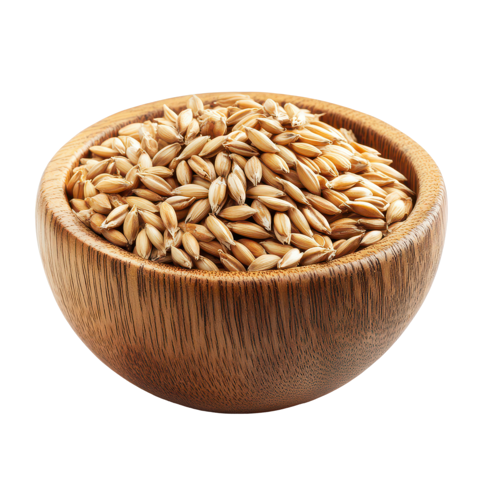 Natural barley grains in a wooden bowl on a transparent background, highlighting their unique texture and color, Barley Grains in the wood bowlisolated on transparent background png