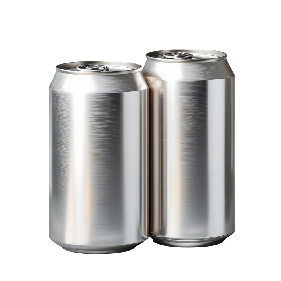 Two aluminium drink cans on a transparent background for product showcasing or advertising purposes, 2 aluminium drink cans on isolated transparent background, useful for mockup template png