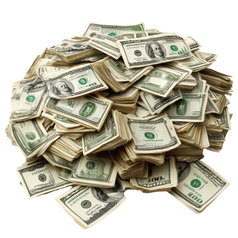 A large stack of hundred dollar bills arranged in a pile on a plain transparent background, Bankroll, transparent background. png