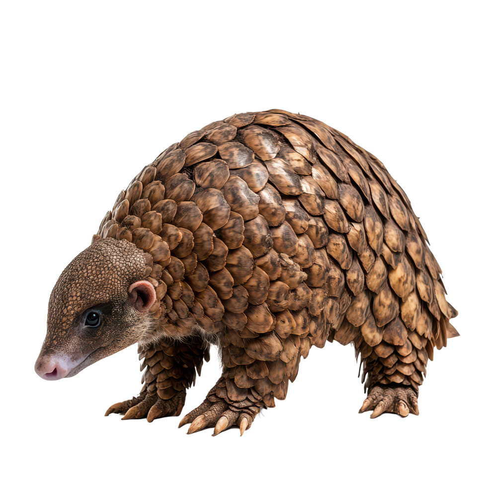 A solitary pangolin standing on a transparent background, showcasing its unique scales and distinctive features, a pangolin isolated on transparent background png