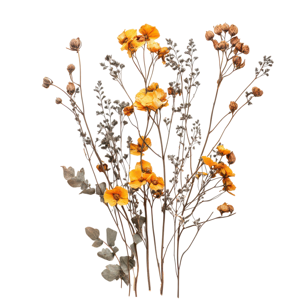 Dried autumn flowers with yellow blossoms and muted foliage arranged against a clean transparent background, Autumn dry flowers isolated on transparent background png