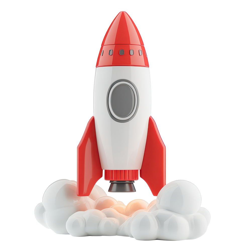 A sleek rocket launches into space, symbolizing innovation and growth in the business, 3D rocket in space Business startup and business growth concept, isolated on transparent background png