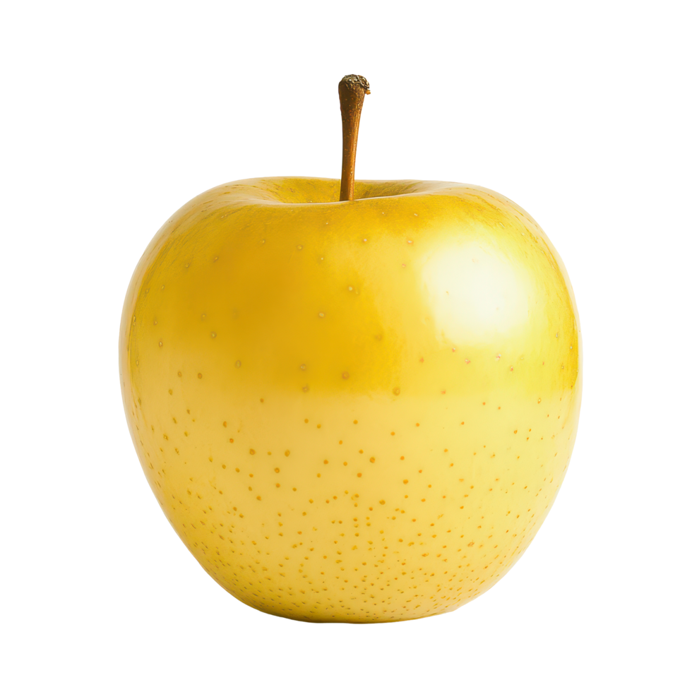 A single golden apple on a clean transparent background showcasing its shiny surface and unique color, A golden apple isolated on transparent background png