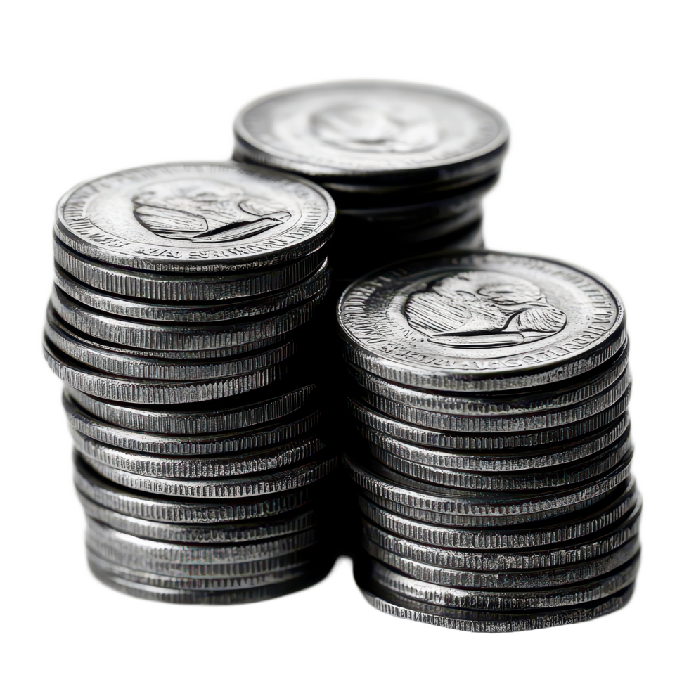 Stacks of metal coins arranged neatly against a transparent background showcasing various details and textures, Big stacks metal Coins money, transparent background. png