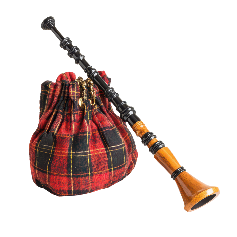 Traditional Scottish bagpipe with tartan bag during a cultural celebration in Scotland s countryside, a traditional Scottish bagpipe with a tartan bagpipe bag, transparent background. png