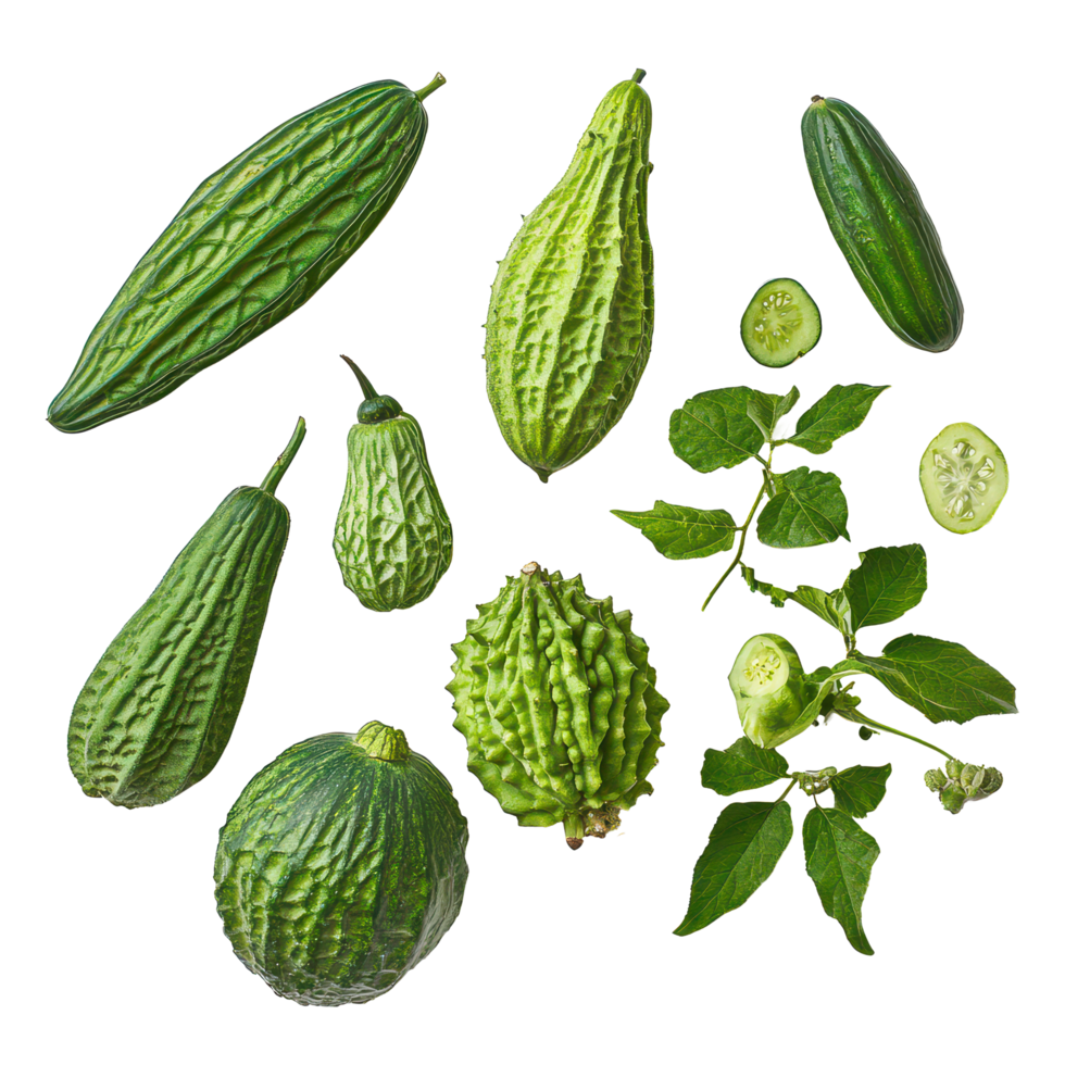 A vibrant collection of balsam apple, balsam pear, and bitter cucumber on a neutral background, balsam apple, balsam pear, bitter cucumber, bitter gourd, bitter melon on transparent background png