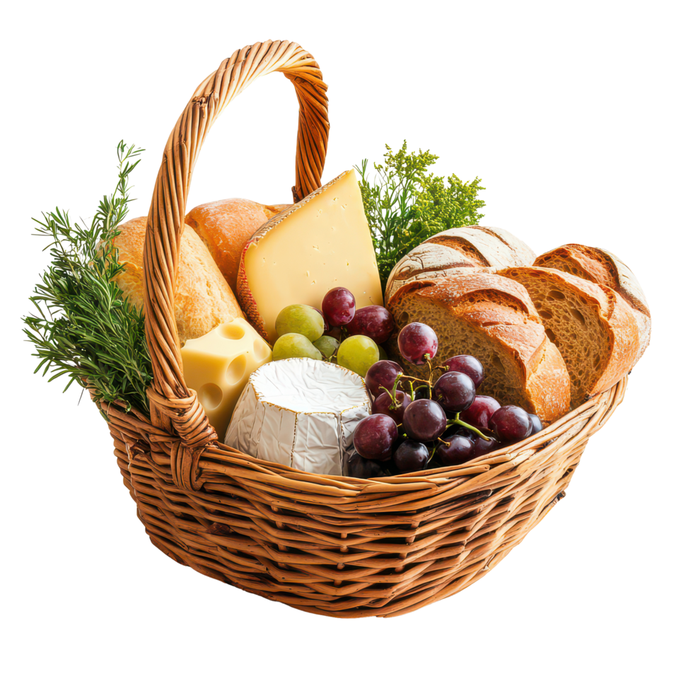 A delightful basket filled with fresh bread, assorted cheeses, and grapes perfect for a picnic or gathering, basket bread, cheese, grapes and other food, transparent background. png