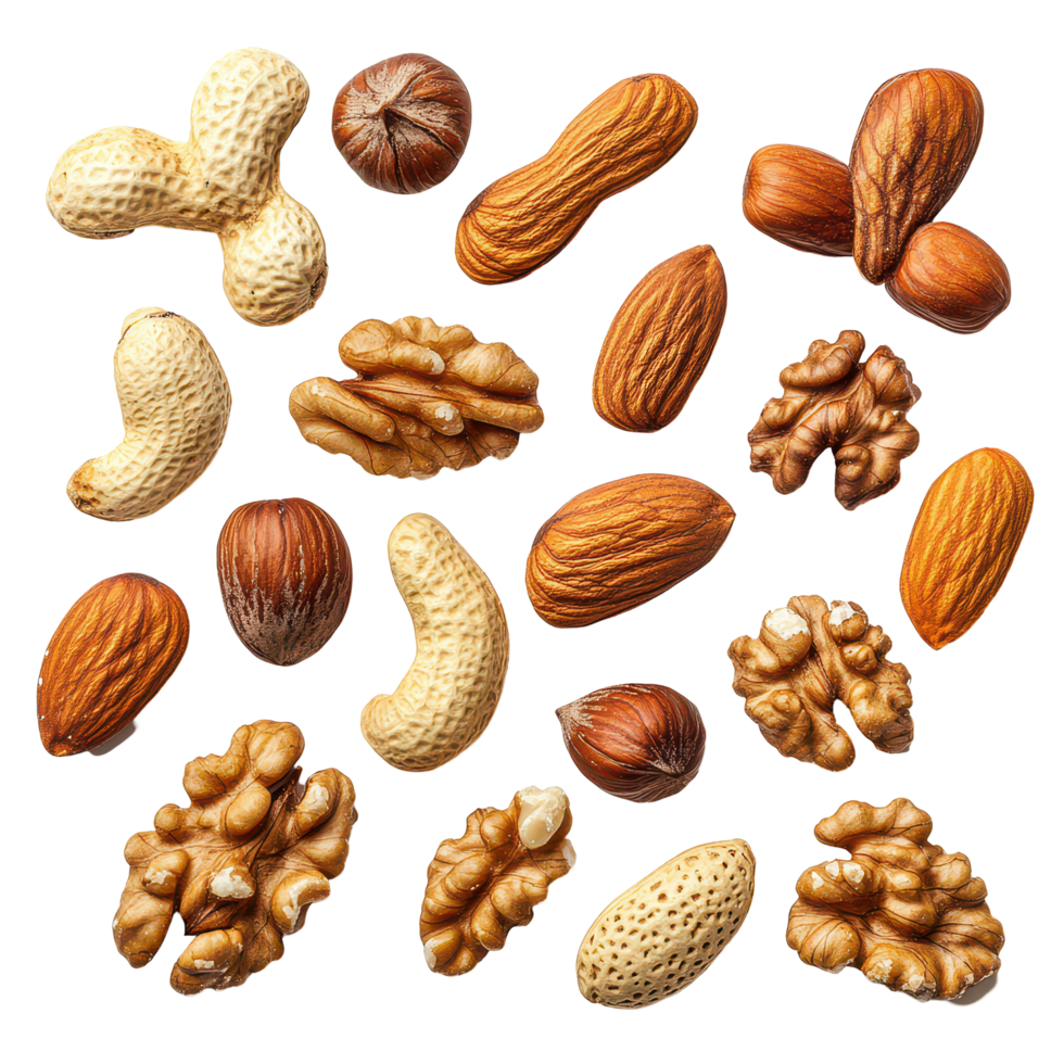 Assorted mixed nuts in various shapes and sizes displayed on a clean transparent background for healthy snacking, Assorted mixed nuts on transparent background png