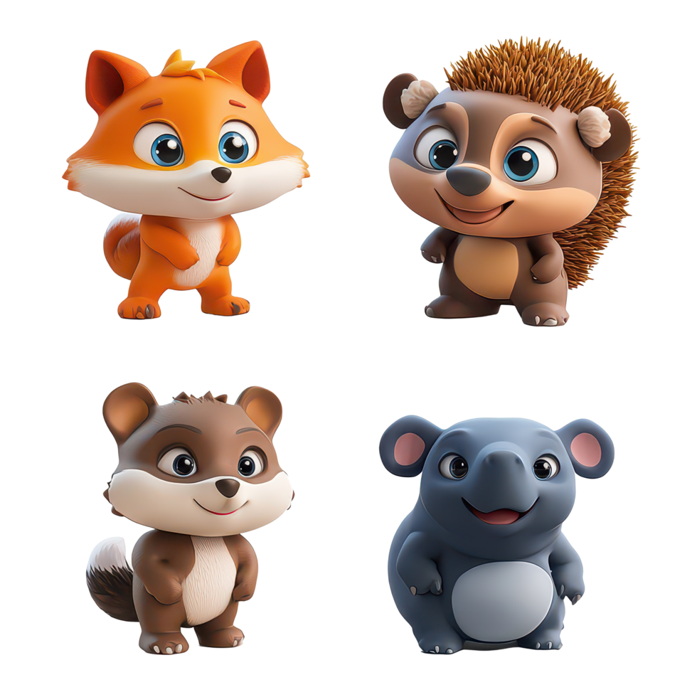 Playful cartoon characters feature a fox, hedgehog, hippo, and more in a cheerful forest, 3D Cartoon Animals Characters Fox, Hedgehog, Hippo, Koala, and Panda On transparent background png