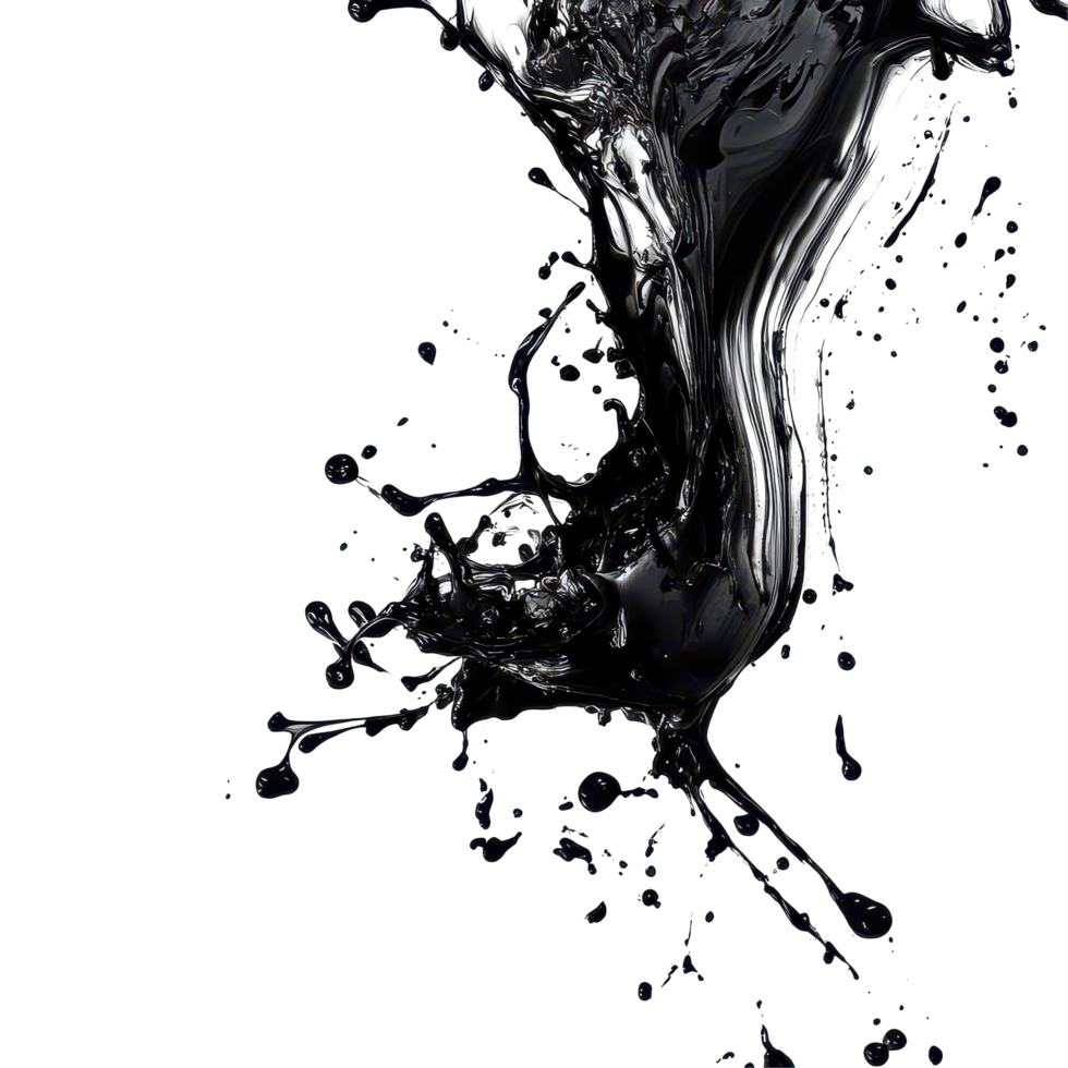 Dynamic abstract black ink splash on a clean transparent background showcasing fluid movement and artistic expression, Abstract Black Ink Splash On transparent background png