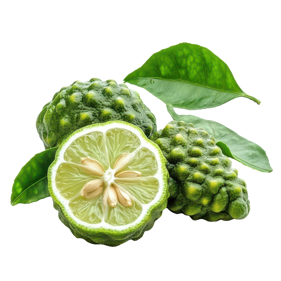 Freshly sliced bergamot with seeds and whole fruit, showcasing its vibrant green color and texture, bergamot slice or Thai lime with seeds isolated on transparent background png