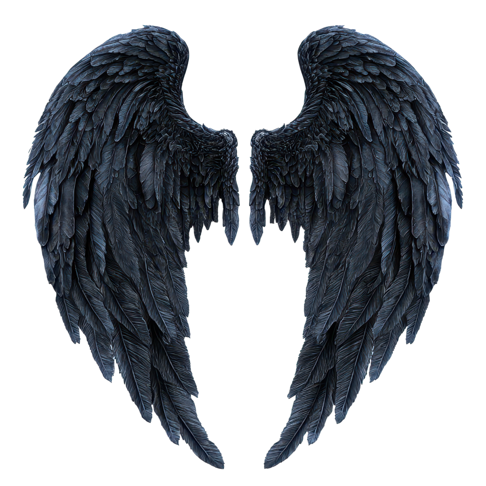 Stylized black demon wings showcasing intricate feather details against a pure transparent background, Black demon wings isolated on transparent background png
