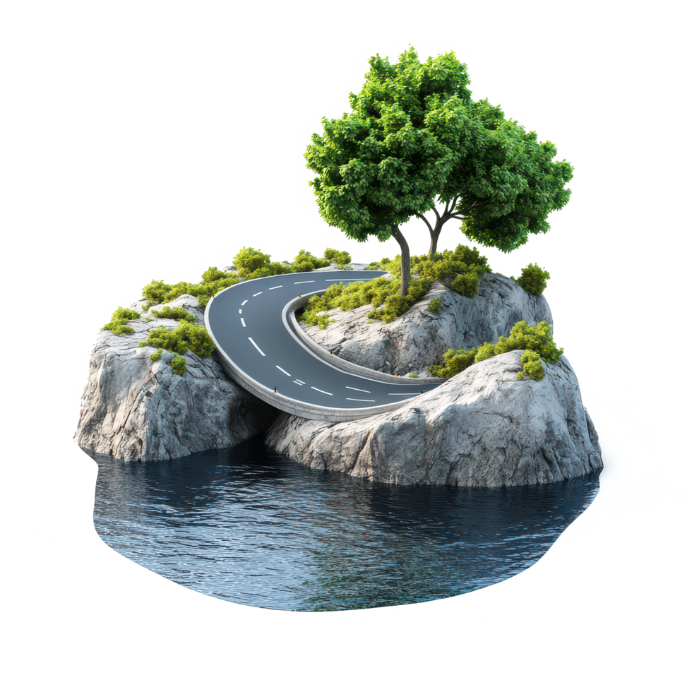 A floating road meanders through a rocky island surrounded by serene waters under a clear sky, 3D realistic a Floating Road on Rocky Island, isolated on transparent background Background png