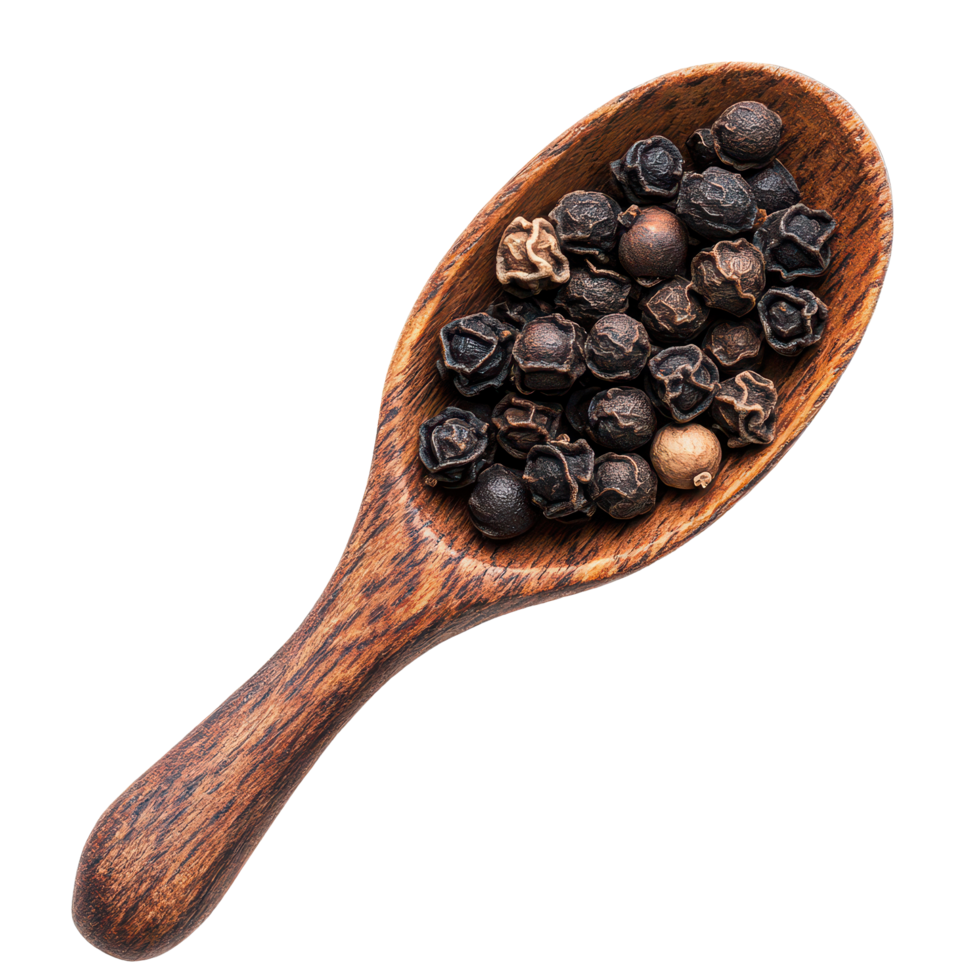 Black pepper corns in a wooden spoon isolated against a transparent background for culinary use and spice illustration, Black pepper corns in wood spoon isolated on transparent background png
