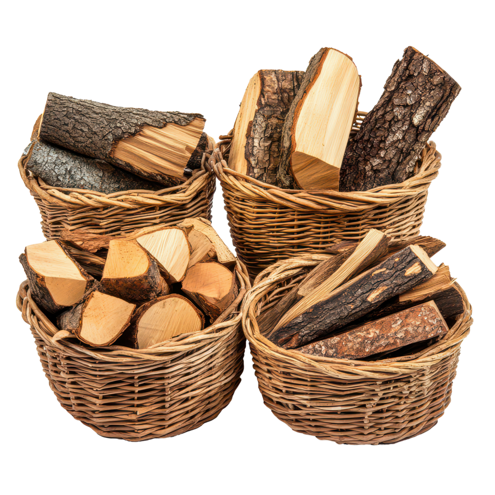 Assorted firewood neatly arranged in wicker baskets against a clean transparent background for home decor, Assorted Firewood in Wicker Baskets on transparent background png