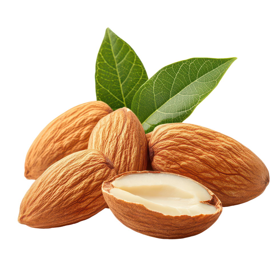 Fresh almonds with green leaves resting on a bright transparent background, showcasing natural textures and colors, almonds with leaf isolated on transparent background png