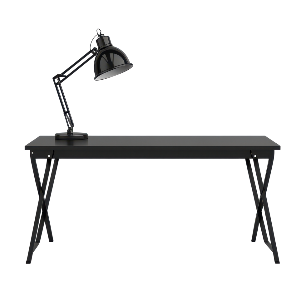 Modern black office desk with adjustable lamp on a transparent background, perfect for a stylish workspace, Black office desk with lamp table isolated on transparent background png