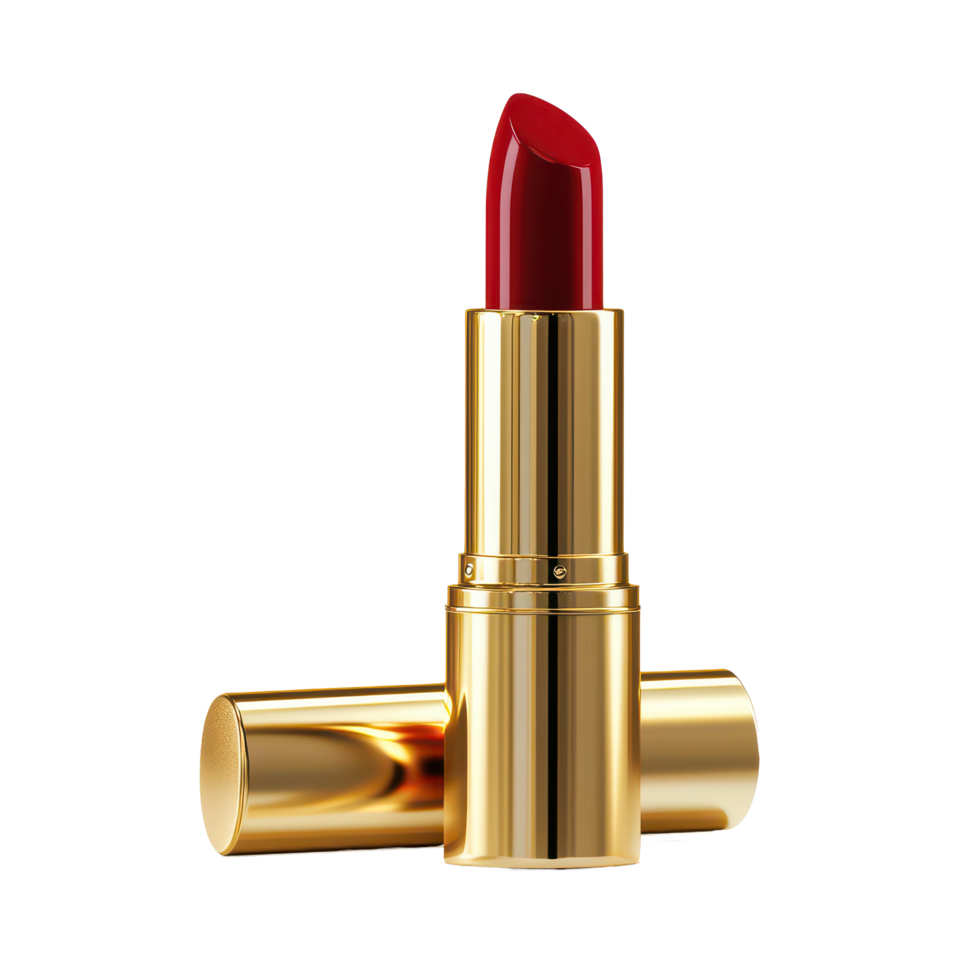 Striking red lipstick in a sleek gold tube positioned on an isolated surface for an elegant beauty display, beauty red lipstick in gold tube object on isolated on transparent background png