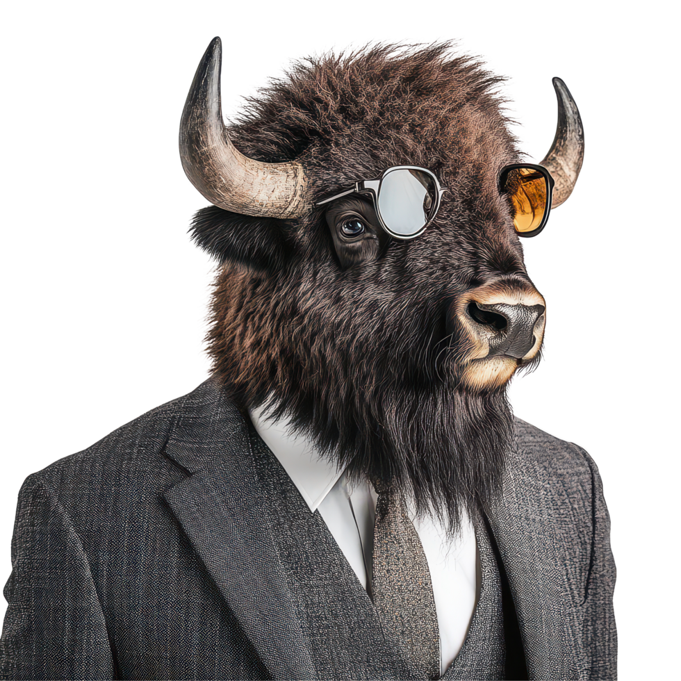 A bison dressed in business attire, showcasing leadership qualities against a clean transparent background, Bison Leader in Business Attire on transparent background png