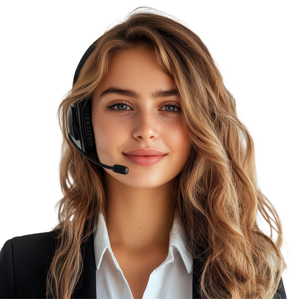 A young customer service agent provides assistance with a friendly smile in a bright, modern office setting, Beautiful young customer service agent, transparent background. png