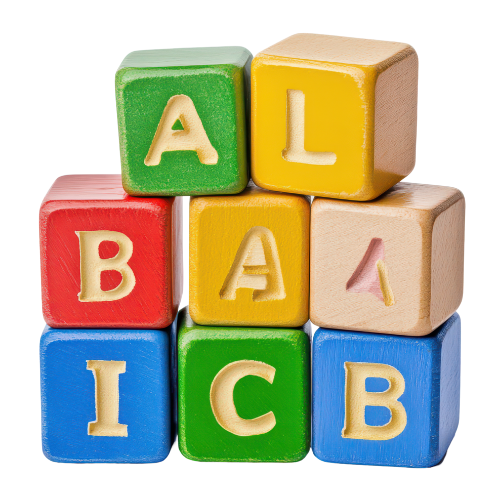 Colorful wooden alphabet blocks arranged creatively on a transparent background for educational play and engagement, ABC Blocks Isolated png