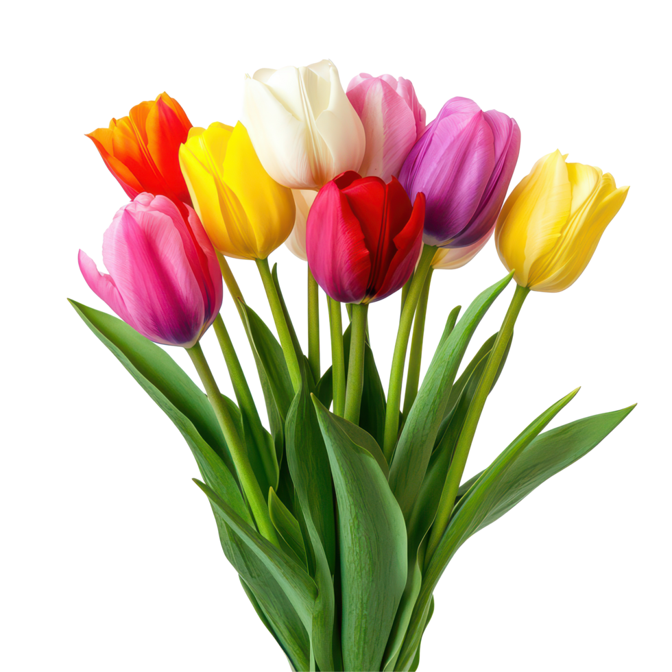 Colorful tulips in a lovely bouquet on a transparent background for spring decoration or floral gift ideas, Beautiful tulips isolated transparent background png