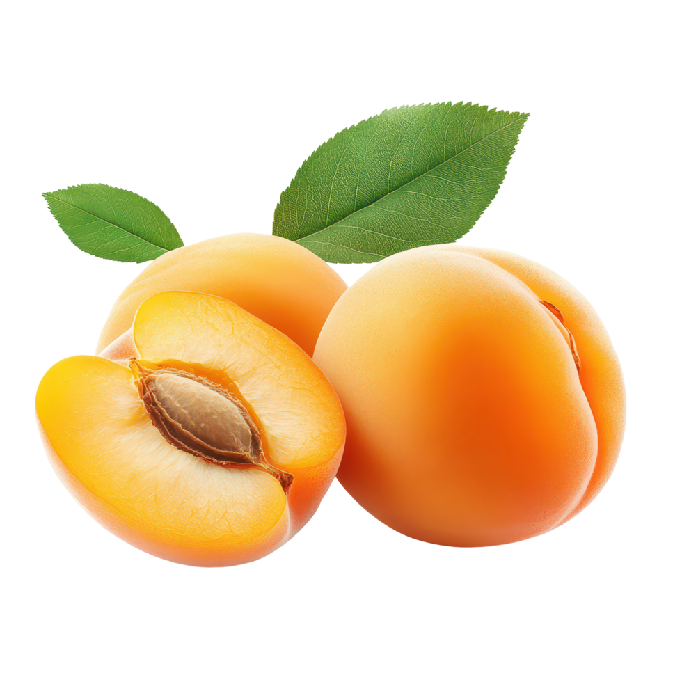 Fresh apricots and a halved fruit against a plain transparent background for healthy snack ideas, apricotisolated on transparent background png