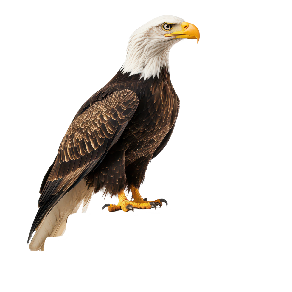 A bald eagle perched majestically atop a stack of books against a clean transparent background, bald eagle sitting on top a book, transparent background. png