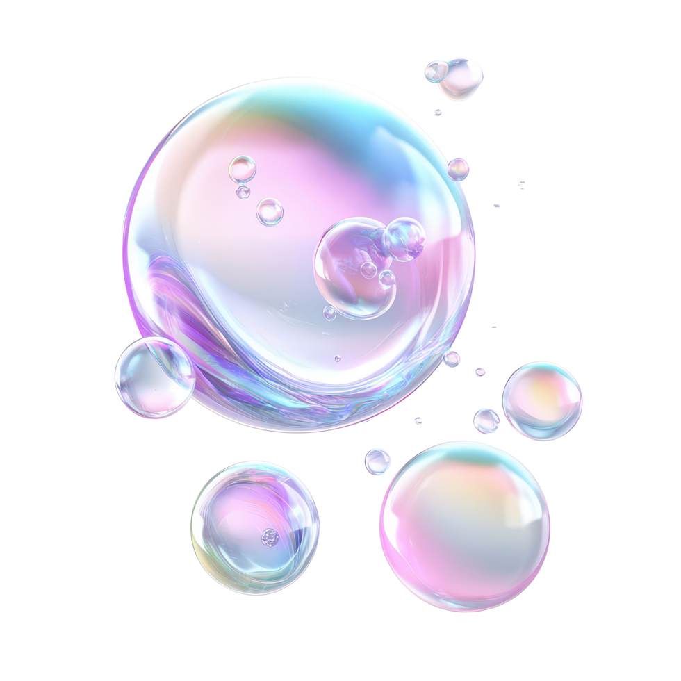 Bubbles of crystal glass displaying stunning refraction and holographic colors in a minimalist setting, 3d crystal glass bubble with refraction and holographic effect isolated png