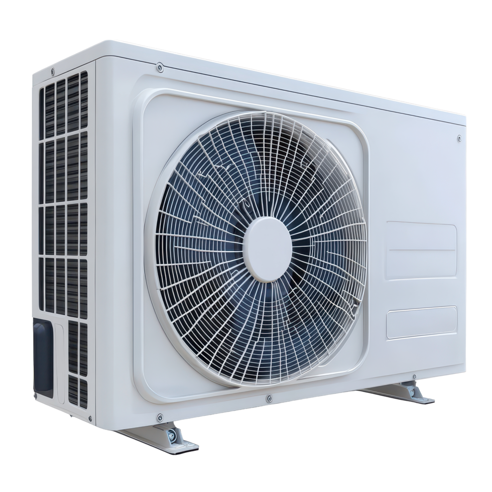 Outdoor air conditioning unit with fan isolated on a transparent background for HVAC applications, Air condition outdoor unit isolated on transparent background png