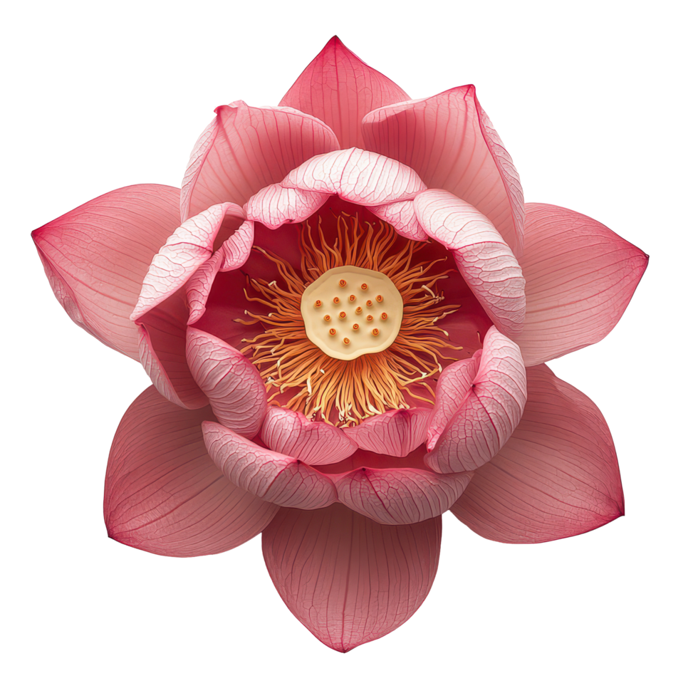 Top view of a delicate pink lotus on a clean transparent background, highlighting its unique petals and structure, A single Lotus flower top view transparent background png