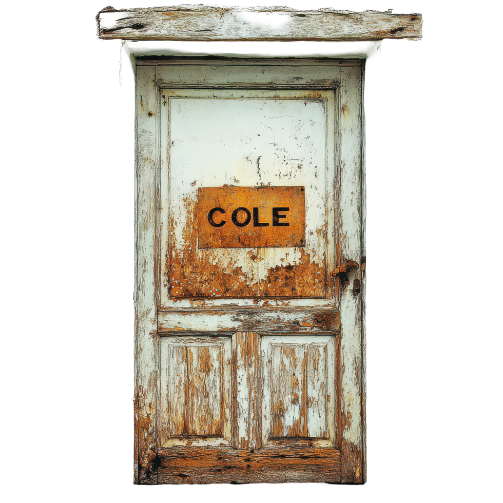 Abandoned wooden door with rusty sign reading Close against a weathered wall in a deserted area, Abandoned Door with the Word Close in Rust, transparent background. png