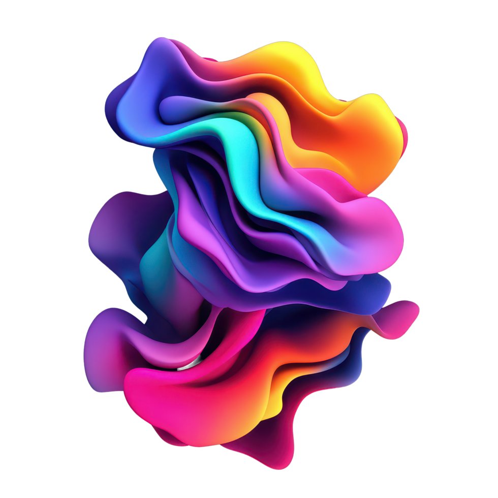 Colorful fluid shapes with gradient transitions against a black background in an artistic digital composition, 3D Shapes with Fluid Color Transitions on Black Background, transparent background. png
