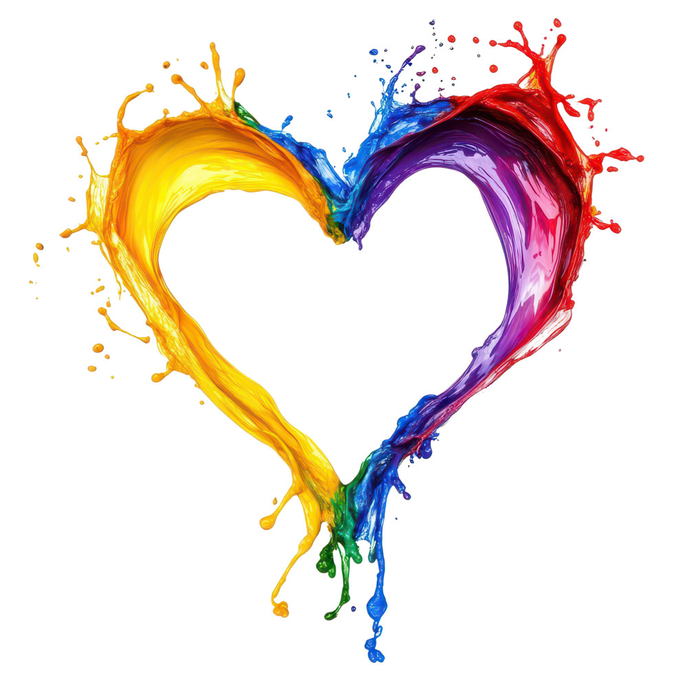 A vibrant heart shape formed from colorful splashes on a transparent background, symbolizing love and creativity, a colorful heart made splashes isolated, transparent background. png