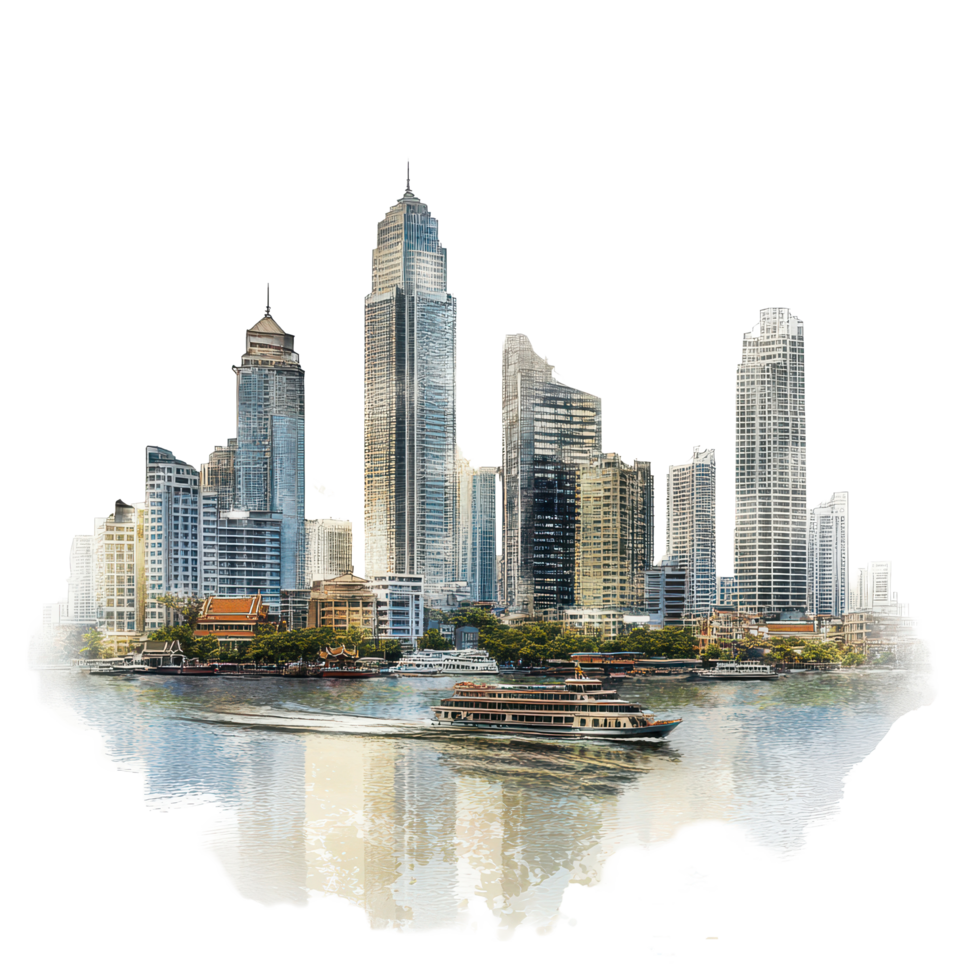 Stunning skyline of Bangkok with a riverboat gliding through serene waters at dusk, Bangkok city isolated on transparent background png