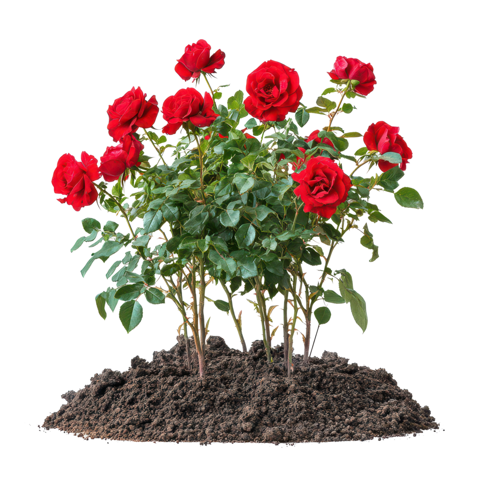 A vibrant red rose bush thriving in rich soil, showcasing lush blooms and green foliage, a red rose bush grows in the ground, file of isolated object on transparent background png