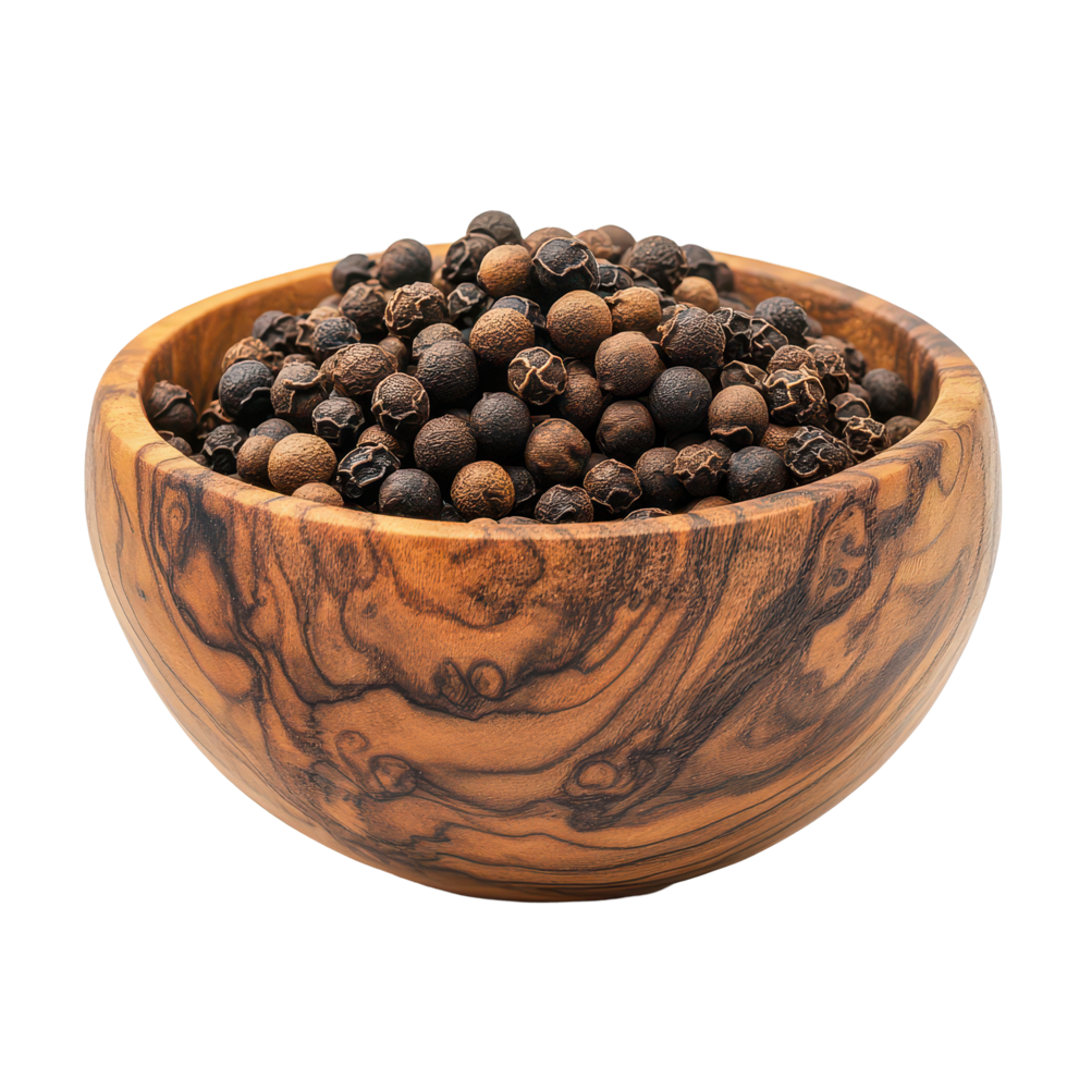 Fresh black pepper in a wooden bowl isolated against a transparent background for culinary uses and presentations, black pepper in wood bowlisolated on transparent background png
