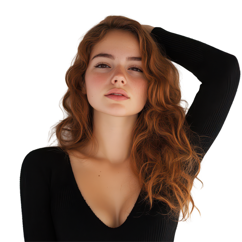 Beautiful young woman with flowing hair posing gracefully against a transparent background in a stylish black outfit, Beautiful Young woman posing isolated on transparent background png