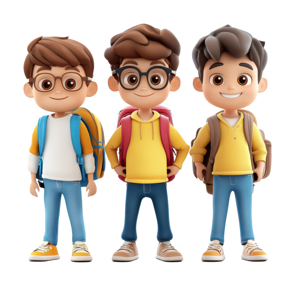 Cute group of cartoon boys in casual outfits with backpacks ready for school in a cheerful setting, 3D Cartoon Character Group Cute Student Boys, Isolated transparent background png